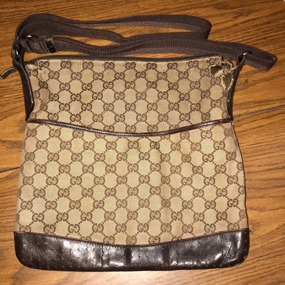 Gucci Perforated Leather GG Monogram Canvas Bag
